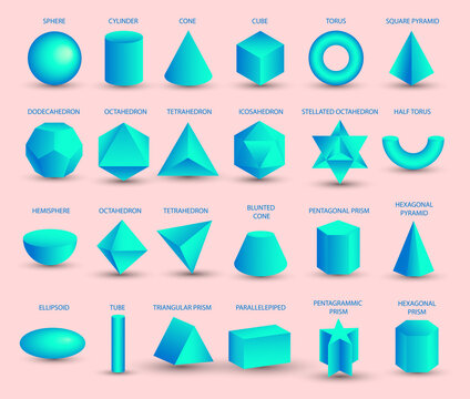 Realistic 3D blue geometric shapes isolated on pink background. Maths geometrical figure form, realistic shapes model. Platon solid. Geometric shapes icons for education, business, design.