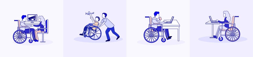 Fototapeta na wymiar Social inclusion illustrations set. Inclusion and diversity. A man, a woman and a child in a wheelchair play, work and rest. Linear vector flat illustration