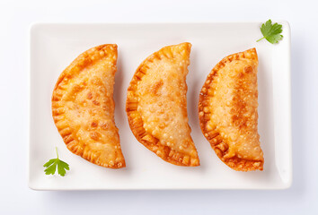 Top view of tuna patty, empanadillas, on white background