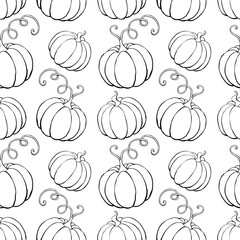 Vector seamless pattern with outline pumpkins in doodle style. Halloween or thanksgiving background and texture