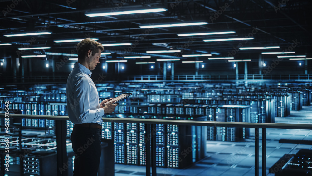 Leinwandbilder data center engineer using digital tablet computer, maintenance specialist. high-tech information pr