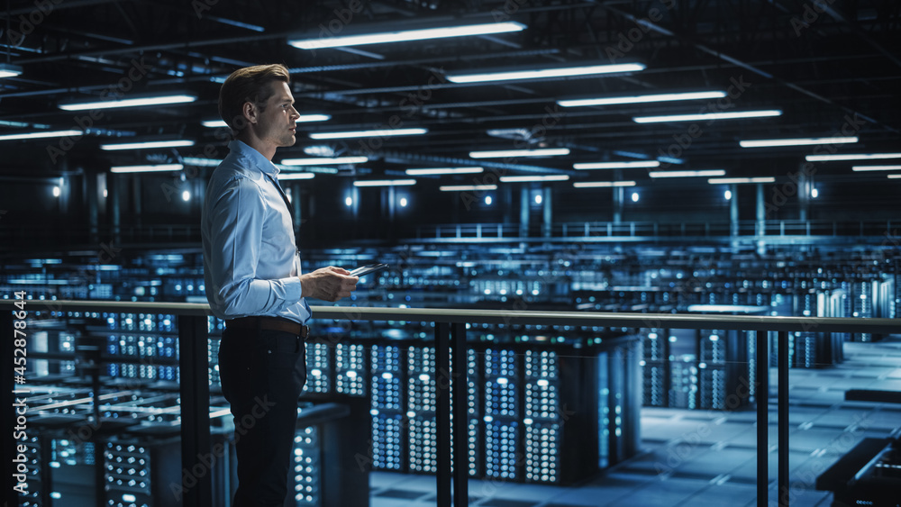 Poster data center engineer using digital tablet computer, maintenance specialist. high-tech information pr