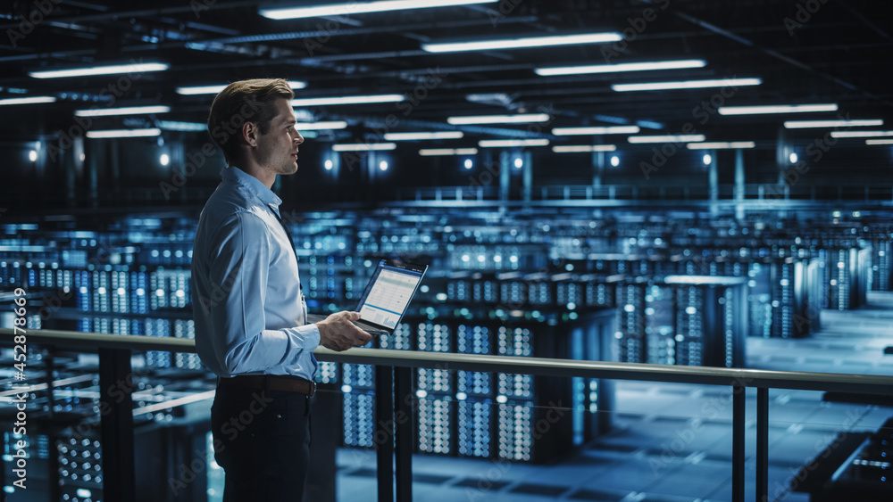 Poster Data Center Specialist Engineer Using Laptop Computer. Server Farm Cloud Computing Facility with Male System Administrator Working. Data Protection Network for Cyber Security.