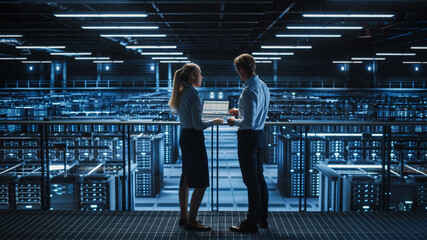 Data Center Male It Specialist and Female System administrator Talk, Use Laptop. Server Farm Cloud...