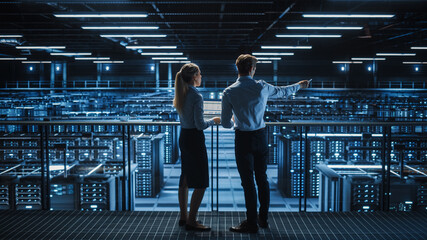 Data Center Male It Specialist and Female System administrator Talk, Use Laptop. Server Farm Cloud...