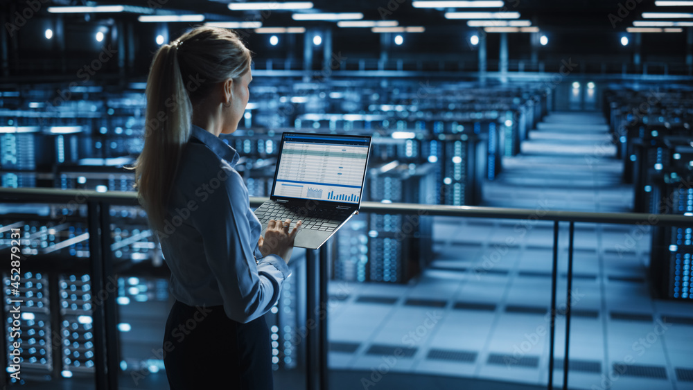 Wall mural data center female it specialist uses laptop computer. cloud computing server farm with it engineer 