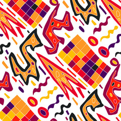 Seamless vector pattern with abstract modern doodles. Bright summer print. Trendy colorful background. Vintage geometric doodles.	
