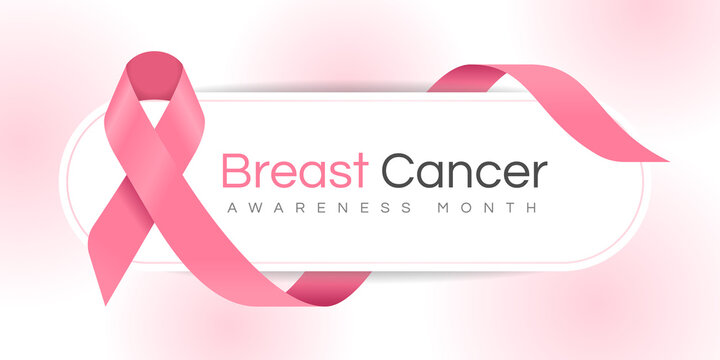 Breast cancer awareness month text on banner with pink ribbon sign waving around on soft pink background vector Design