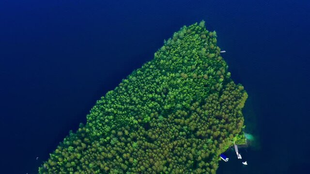 Small beautiful island in ocean covered with green plants, trees taken by drone. Aerial, top view of river ait, eyot, white yachts, seagulls flying over it. Sea isle, blue water surface