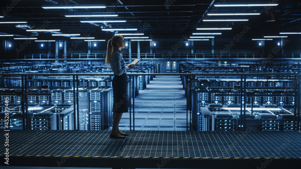 Poster Female IT Specialist Using Tablet Computer in Data Center, Walking on a Bridge Overlooking Gigantic Server Farm Cloud Computing Facility. Succesful Businesswoman, e-Business Entrepreneur.