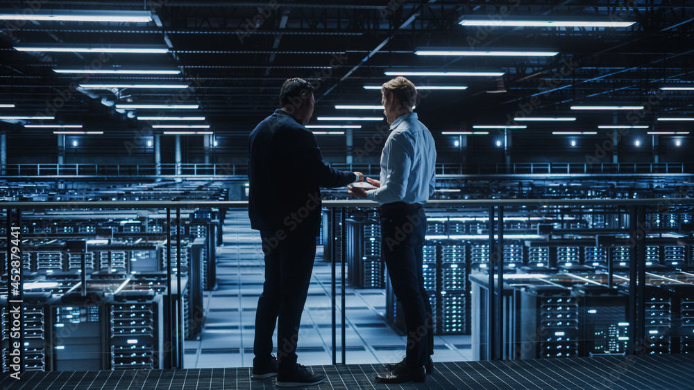 Poster data center it specialist and e-business enrepreneur talk, use laptop. two information technology pr