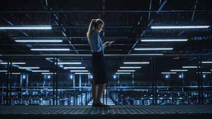 Female IT Specialist Using Tablet Computer in Data Center, Walking on a Bridge Overlooking Gigantic...