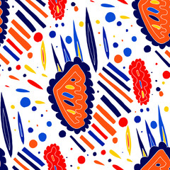 Obraz premium Seamless vector pattern with abstract modern doodles. Bright summer print. Trendy colorful background. Vintage geometric doodles. 