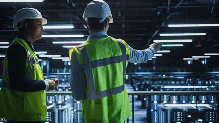 Data Center IT Specialist and System administrator Talk, Use Tablet Computer, Wearing Safety Wests....
