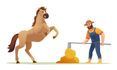 Farmer feeding horse with hay cartoon illustration