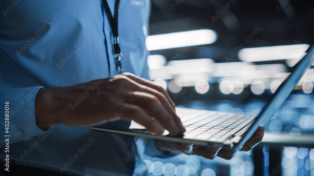 Poster data center programmer using digital laptop computer, maintenance it specialist. cloud computing ser