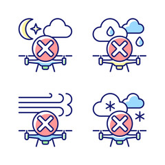 Safe drone operation RGB color manual label icons set. Weather conditions. Flight planning. Isolated vector illustrations. Simple filled line drawings collection for product use instructions
