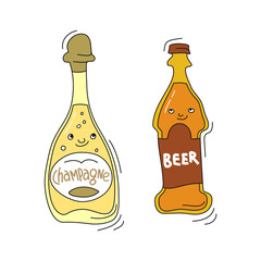 Champagne and beer with smile on white background. Cartoon sketch graphic design. Doodle style with black contour line. Cute hand drawn bottle. Party drinks concept. Freehand drawing style