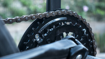 close-up of the rear or front chain shift chainring adjustment of a MTB mountain bike