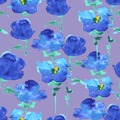 Vector seamless pattern of blue flowers-Pansies.  Digital imitation watercolor. Hand-drawn. Botanical pattern. Design for posters, postcards, textiles, fabrics, prints, decor, paper, packaging.