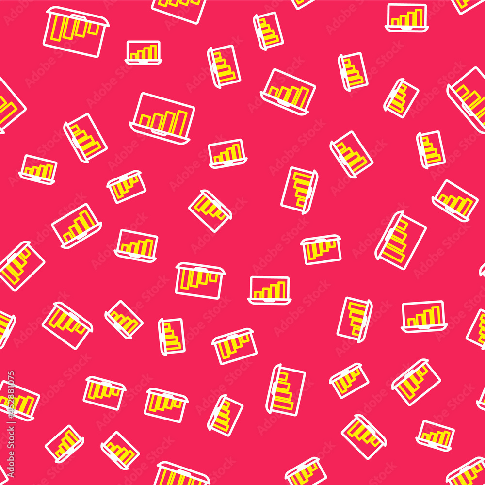 Poster line laptop with graph chart icon isolated seamless pattern on red background. report text file icon