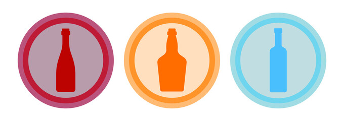 Bottle of red wine, whiskey and vodka. Background is circle. Isolated color object design beverage. Graphic illustration in flat style. Simple icon for restaurant, pub, party