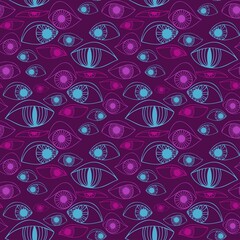 Vector seamless colorful abstract pattern of lined ornamental bright eye shapes in purple tones
