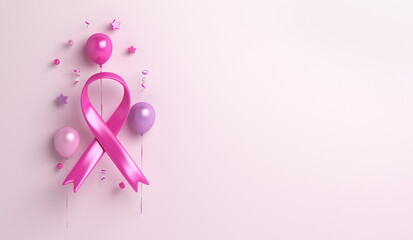 Breast cancer awareness ribbon with balloon ribbon confetti decoration background, copy space text, 3d rendering illustration