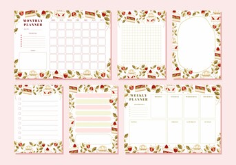 Set of weekly planner, monthly planner, note, memo, school scheduler templates with hand drawn cake, floral, and strawberry elements