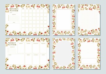 Set of weekly planner, monthly planner, note, memo, school scheduler templates with hand drawn cake, floral, and strawberry elements