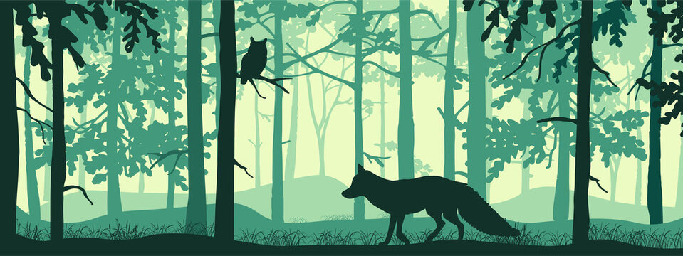 Horizontal banner of forest landscape. Fox and squirrel in magic misty forest. Silhouettes of trees and animals. Blue and green background, illustration. 
