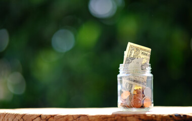 Money coin on table background and concept saving money, Business growth strategy of money concept, Advertising coins of finance and banking
