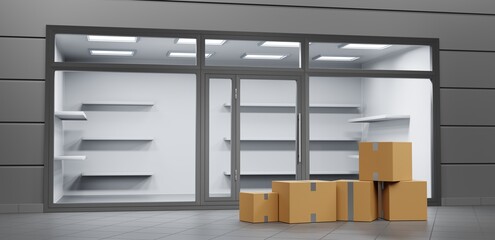 Store front with glass window, door and cardboard boxes on entrance perspective view. Boutique shop facade or showroom with empty shelves, showcase and lights. Mockup building exterior, 3d render