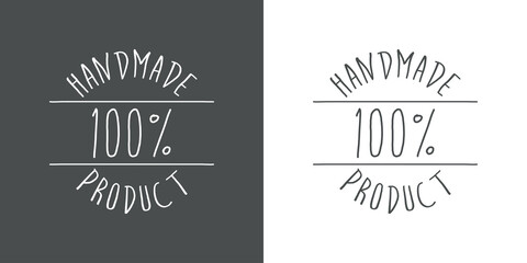 Logotipo con texto Handmade Product 100 por ciento en caligrafía en sello circular con lineas en fondo gris y fondo blanco