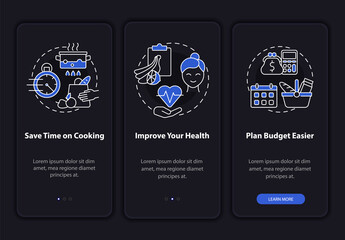Reasons for meal plan dark onboarding mobile app page screen. Walkthrough 3 steps graphic instructions with concepts. UI, UX, GUI vector template with linear night mode illustrations