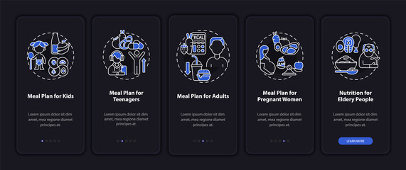 Meal plan for age groups dark onboarding mobile app page screen. Walkthrough 5 steps graphic instructions with concepts. UI, UX, GUI vector template with linear night mode illustrations