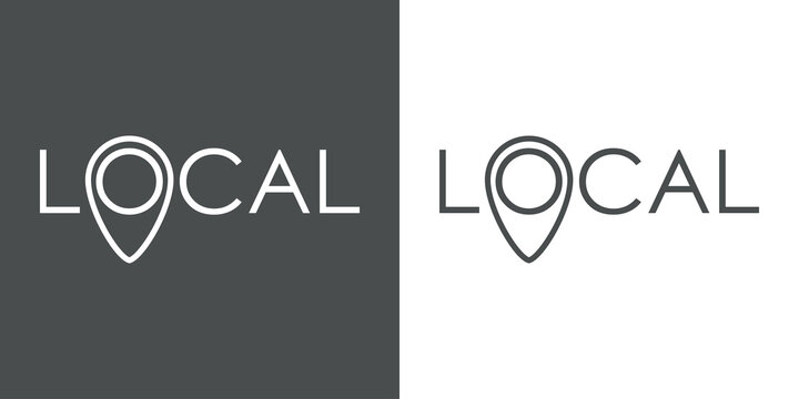 Logotipo con palabra Local con letra O con forma de puntero de posición con lineas en fondo gris y fondo blanco