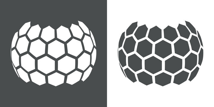 Logotipo honey. Colmena de hex&aacute;gonos en esfera en fondo gris y fondo blanco