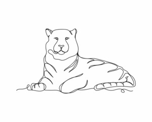 Continuous one line drawing of amur tiger icon in silhouette on a white background. Linear stylized.