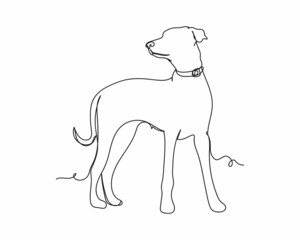 Continuous one line drawing of attentive dog icon in silhouette on a white background. Linear stylized.