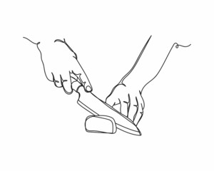 Obraz premium Continuous one line drawing of chef hands cut food icon in silhouette on a white background. Linear stylized.