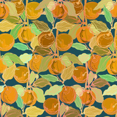 Modern seamless stylized design vector pattern with peaches and apricots on dark blue background