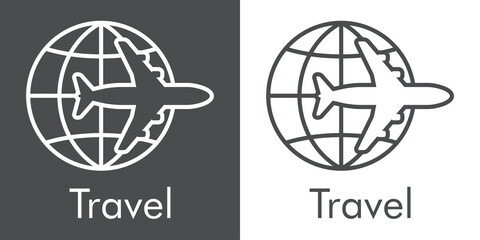 Logotipo con texto Travel y silueta de avión en globo terráqueo con lineas en fondo gris y fondo blanco © teracreonte