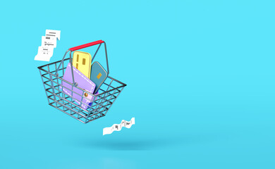 stainless steel shopping carts or basket with wallet,credit card, invoice,paper check receipt,electronic bill payment isolated on blue background.saving money concept,3d illustration,3d render