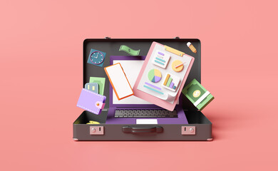 briefcase with analysis business financial data,white clipboard checklist,wallet,mobile phone,credit card,banknote isolated on pink background,business strategy concept,3d illustration or 3d render