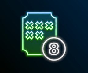 Glowing neon line Bingo or lottery ball on bingo card with lucky numbers icon isolated on black background. Colorful outline concept. Vector