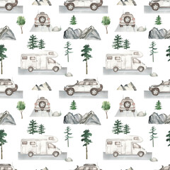Watercolor seamless pattern with SUV, motorhome, travel cars, mountains, fir trees on white background © MarinaErmakova