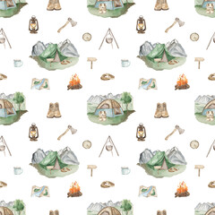 Watercolor seamless pattern with tents in the mountains, backpack, campfire, bowler hat, ax, lantern on white background