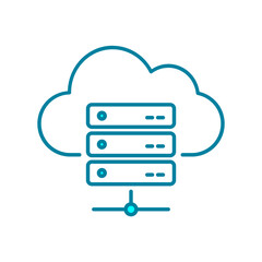 Server rack and cloud line icon. Cloud hosting services. Server database organization. Cloud storage network. Edge computing system. Internet provider services. Vector illustration, flat, clip art.