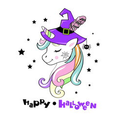 Halloween card with unicorn wearing witch hat. Vector illustration of cartoon animals